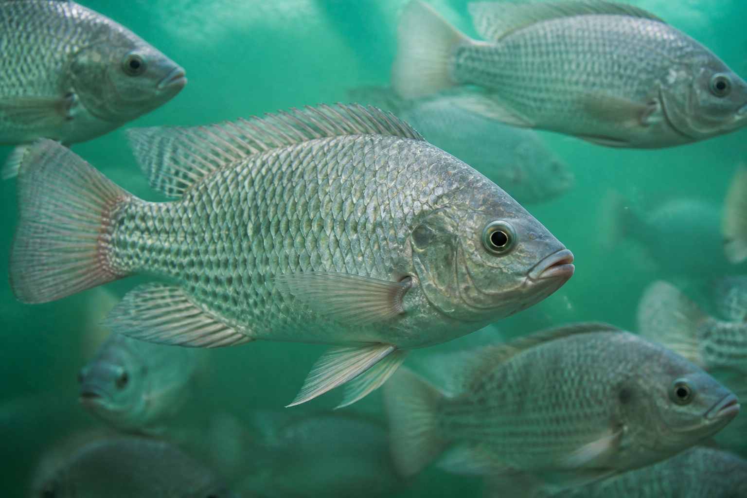 Freshwater fish moving through green water